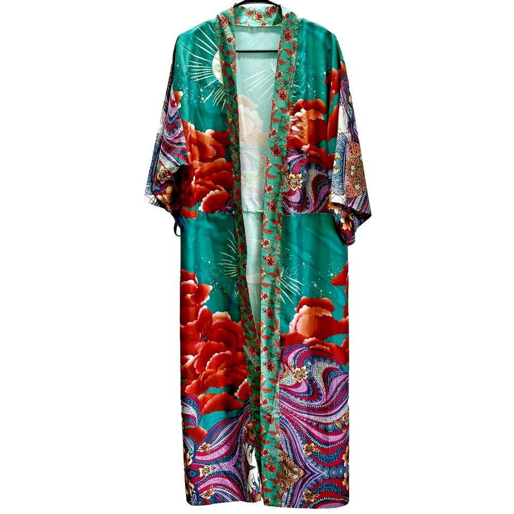 Whismy Celestial Boho Kimono Duster Turquoise Paisley Floral Open Front